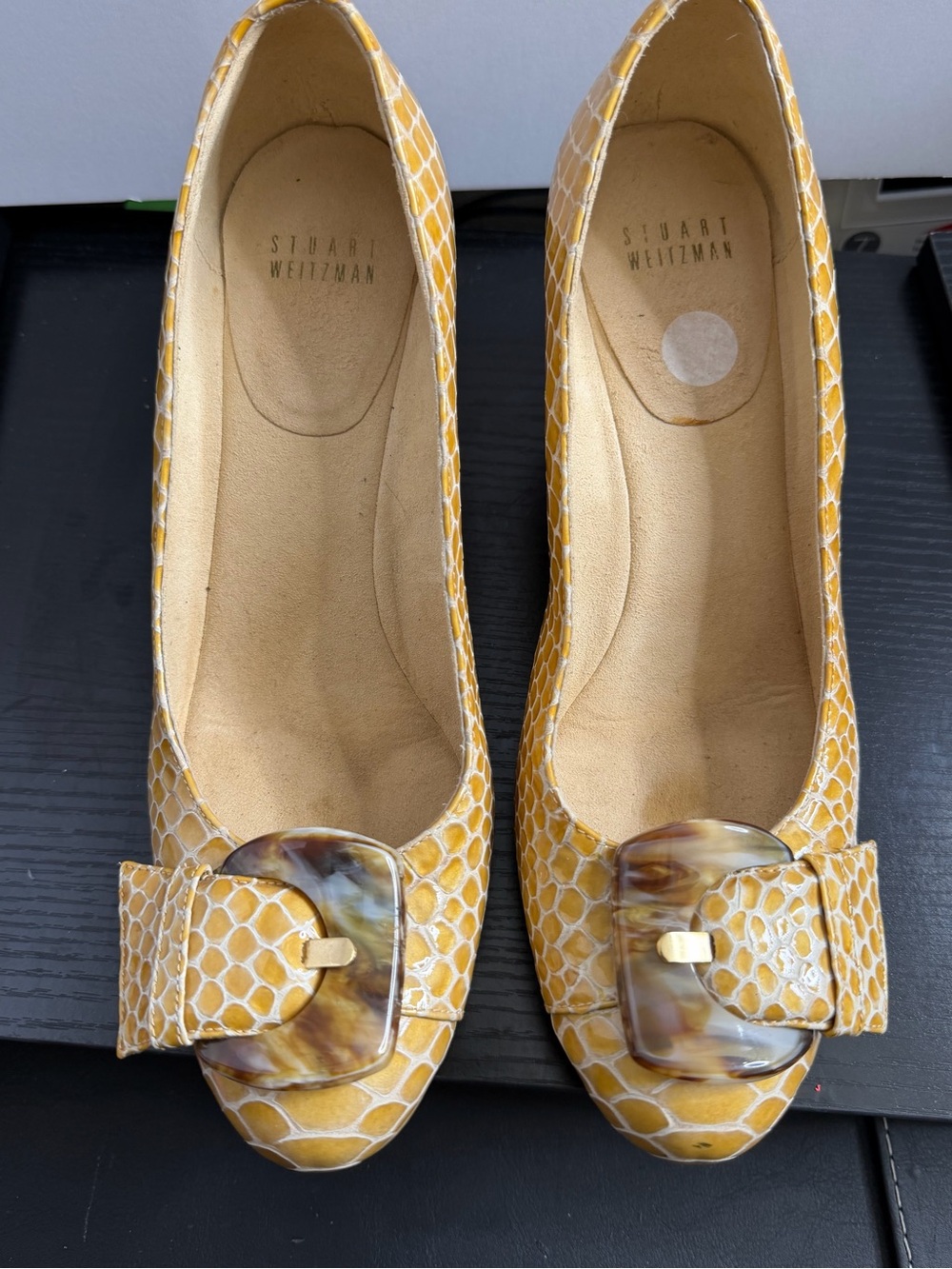 Stuart Weitzman Yellow Snakeskin-Print Flats with Marbled Buckle